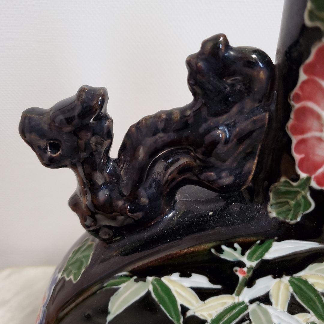 黒地陽刻花鳥文二口偏壺 大清雍正年製 740