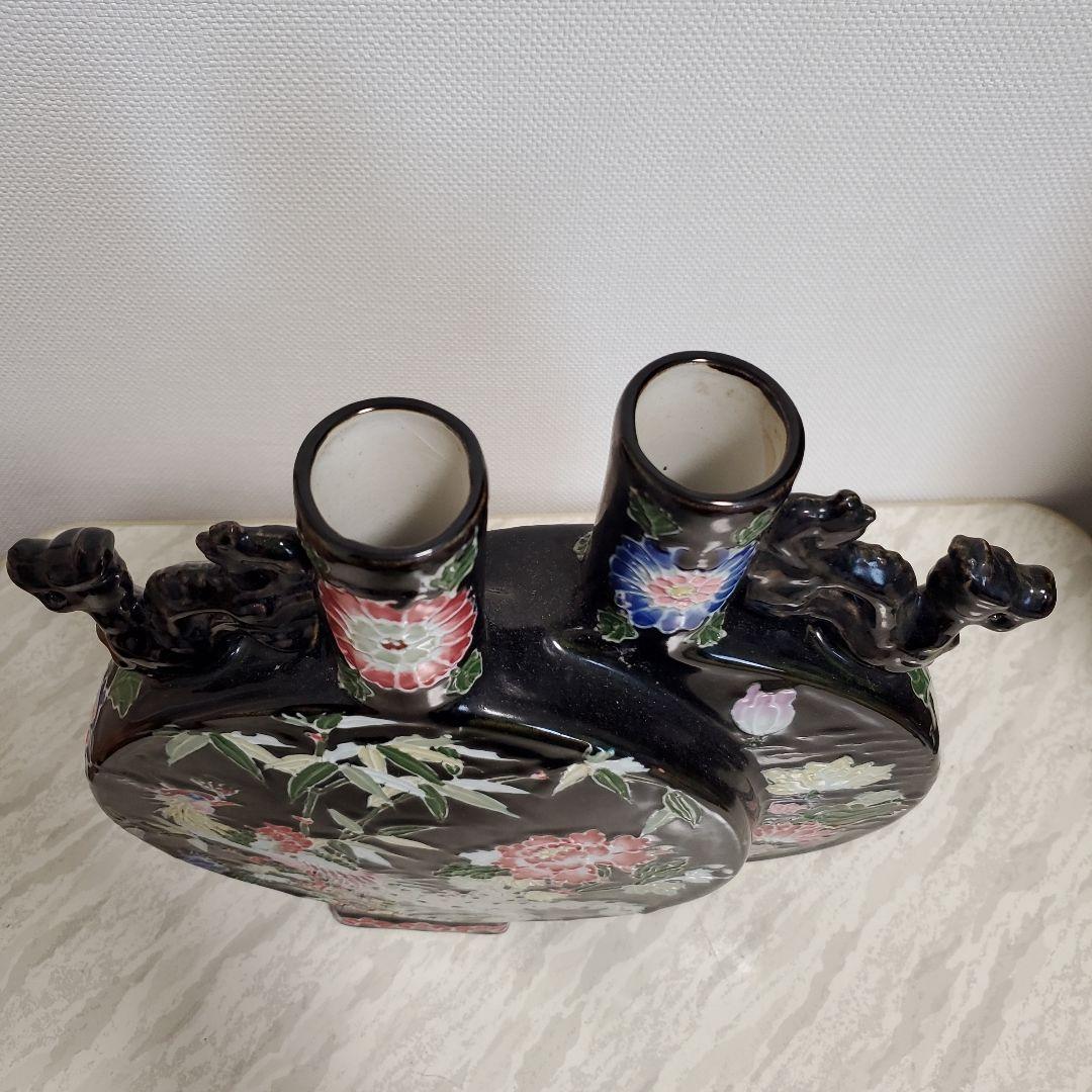 黒地陽刻花鳥文二口偏壺 大清雍正年製 740