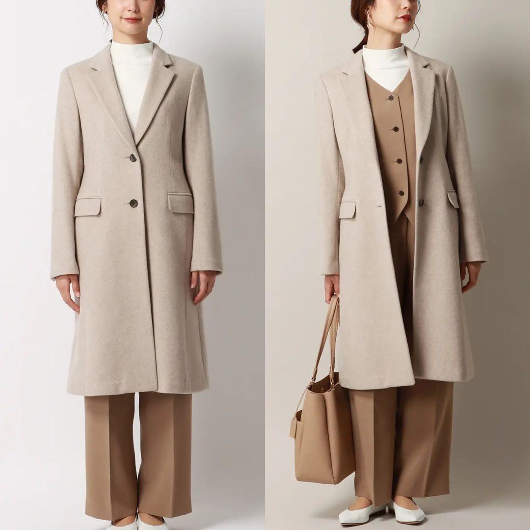 シングルチェスターコート　ベージュ　スーツ　オフィス　ビジネス　ZARA