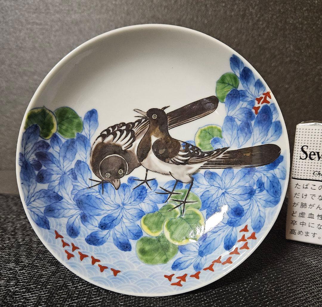 【大名品❗】【真作保証❗】江戸時代　色鍋島　鶺鴒図　墨弾き青海波文様　約五寸皿