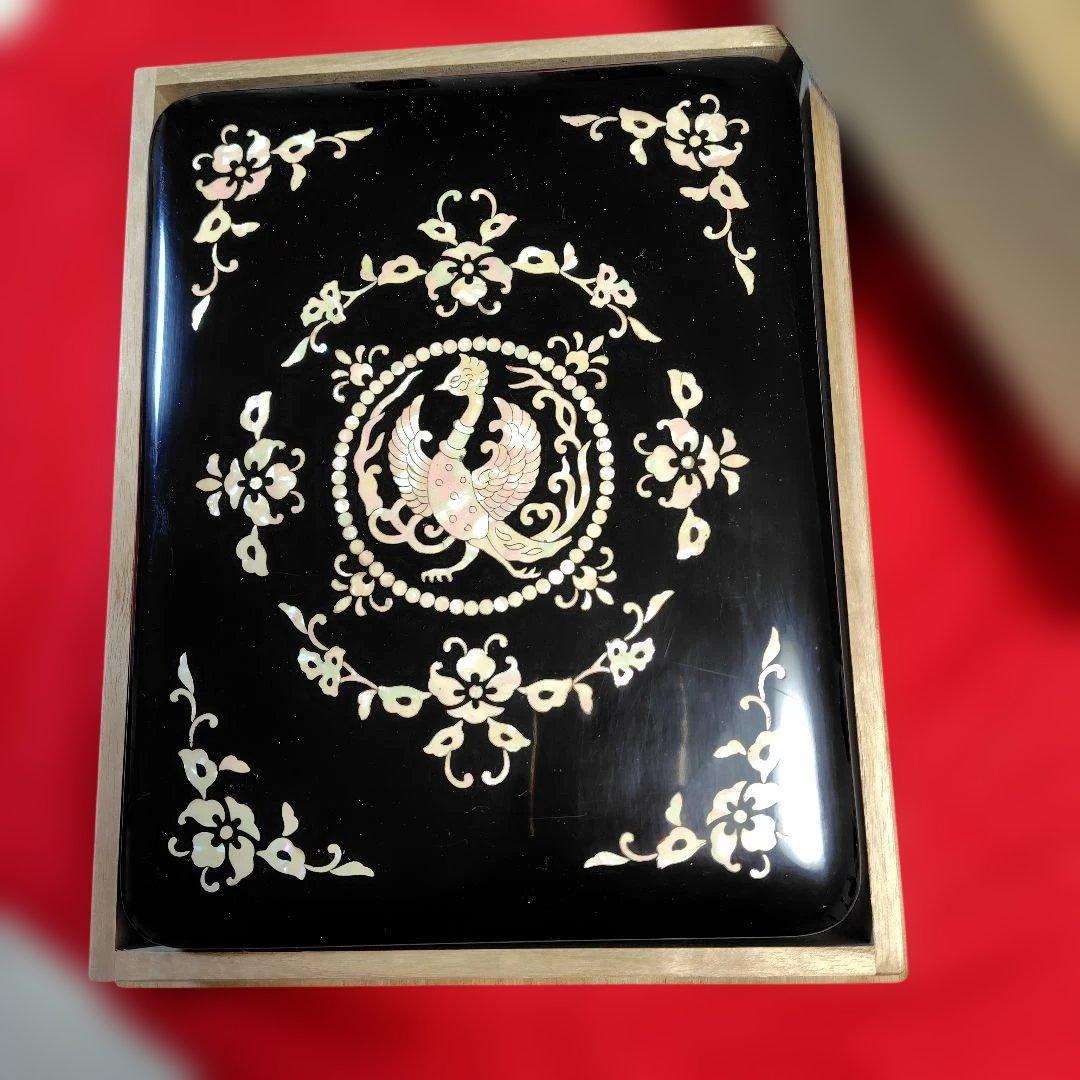 天平鳳凰模様螺鈿硯箱　ミニ硯と水差し内蔵、桐箱つき