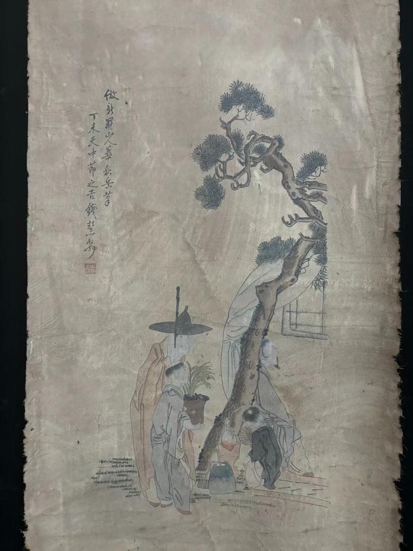 中国古美術 清代 錢慧安 人物と樹木の水彩掛軸 絹本 三尺 手描き 中堂画 肉筆