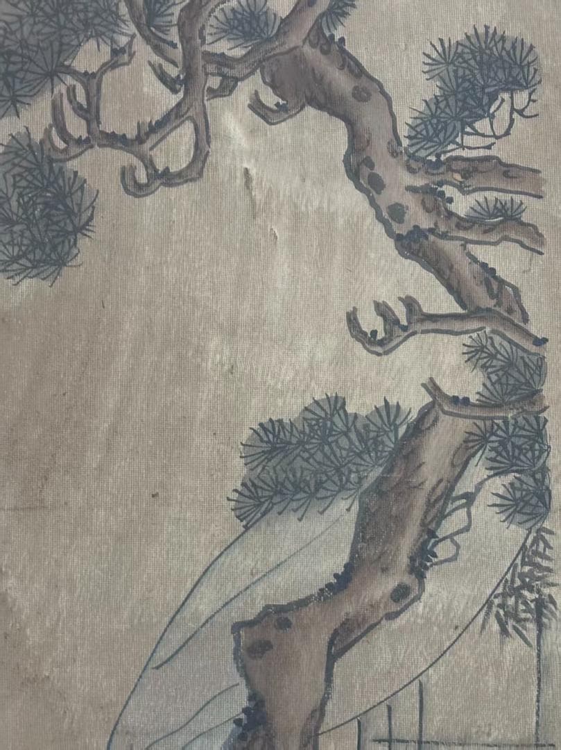 中国古美術 清代 錢慧安 人物と樹木の水彩掛軸 絹本 三尺 手描き 中堂画 肉筆