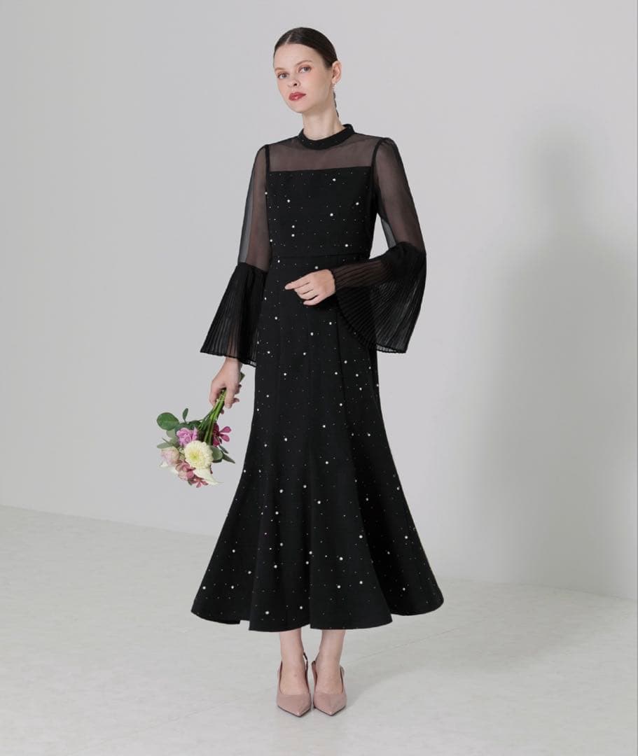 Leja 透け感プリーツフレアスリーブビーズマーメイドシルエットワンピース