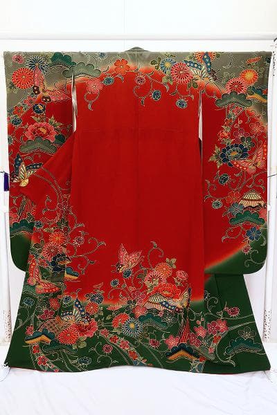 美品 本振袖 紅型染 朱赤 縮緬地 アゲハ蝶 吉祥花 身丈163cm フォーマル