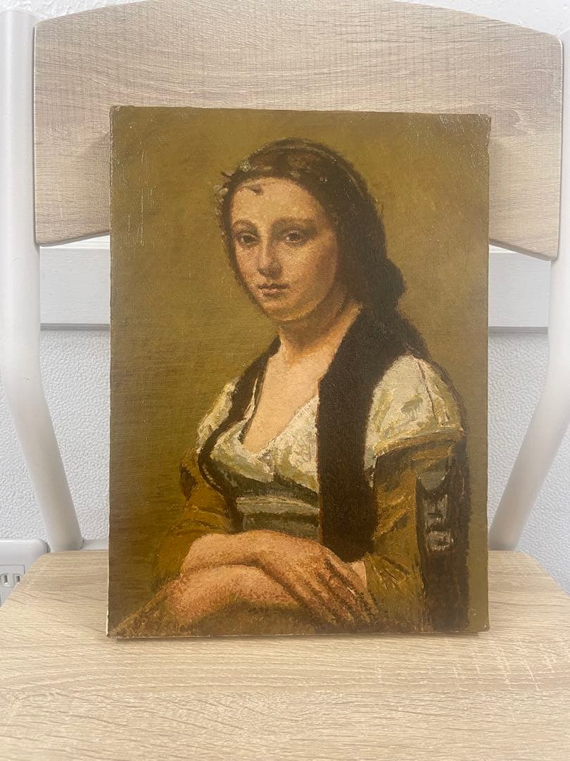 齋藤賢司KenziSaitouによるコロー真珠の女模写油彩作品、木製フレーム付き