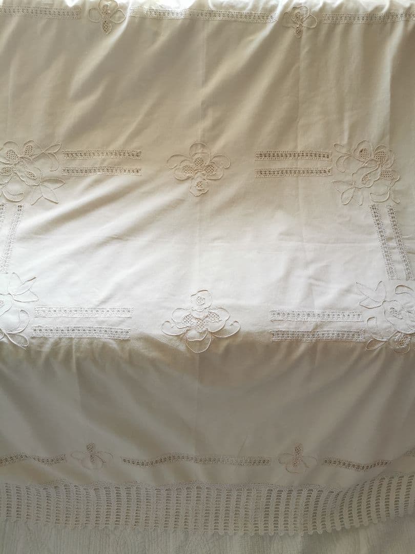 アンティークイタリア 淡いピンク 花刺繍＆ドローンワーク クロシェレースクロス