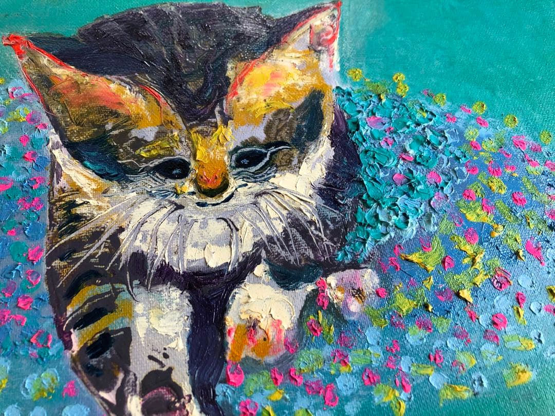 関口すすむ　油絵　猫　ねこ、おや何かいるぞ　F4号