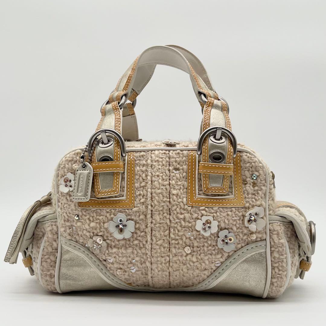 希少 COACH ツイード ハンドバッグ ミニ ボストン 花モチーフ フリンジ