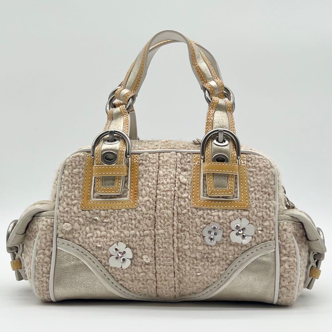 希少 COACH ツイード ハンドバッグ ミニ ボストン 花モチーフ フリンジ