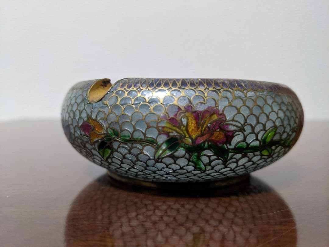 ♦中国美術工芸 薄胎磁 七宝焼 花木図 灰皿 アンティーク 骨董品 コレクション