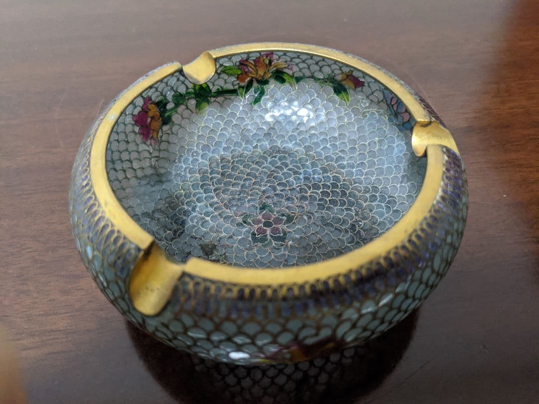 ♦中国美術工芸 薄胎磁 七宝焼 花木図 灰皿 アンティーク 骨董品 コレクション