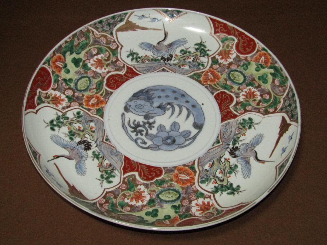 【色絵　唐獅子牡丹・鶴図　一尺三寸皿　径４０ｃｍ】古伊万里