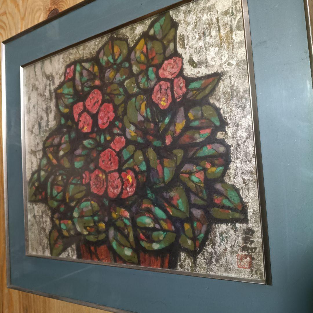 花と葉の油彩画 青色フレーム付き