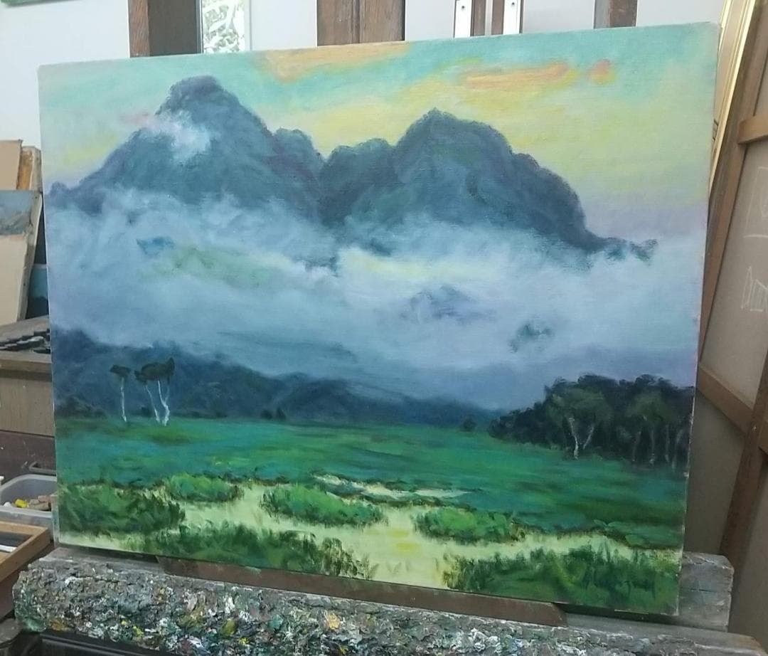 「朝霧（尾瀬ヶ原）」F15 1985 油絵 油彩画 絵画 アート 風景画 尾瀬