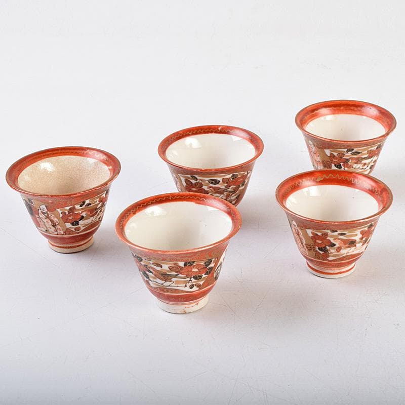 九谷焼　古九谷　赤絵金彩　人物花文　煎茶碗　五客　時代箱付　U　R9306