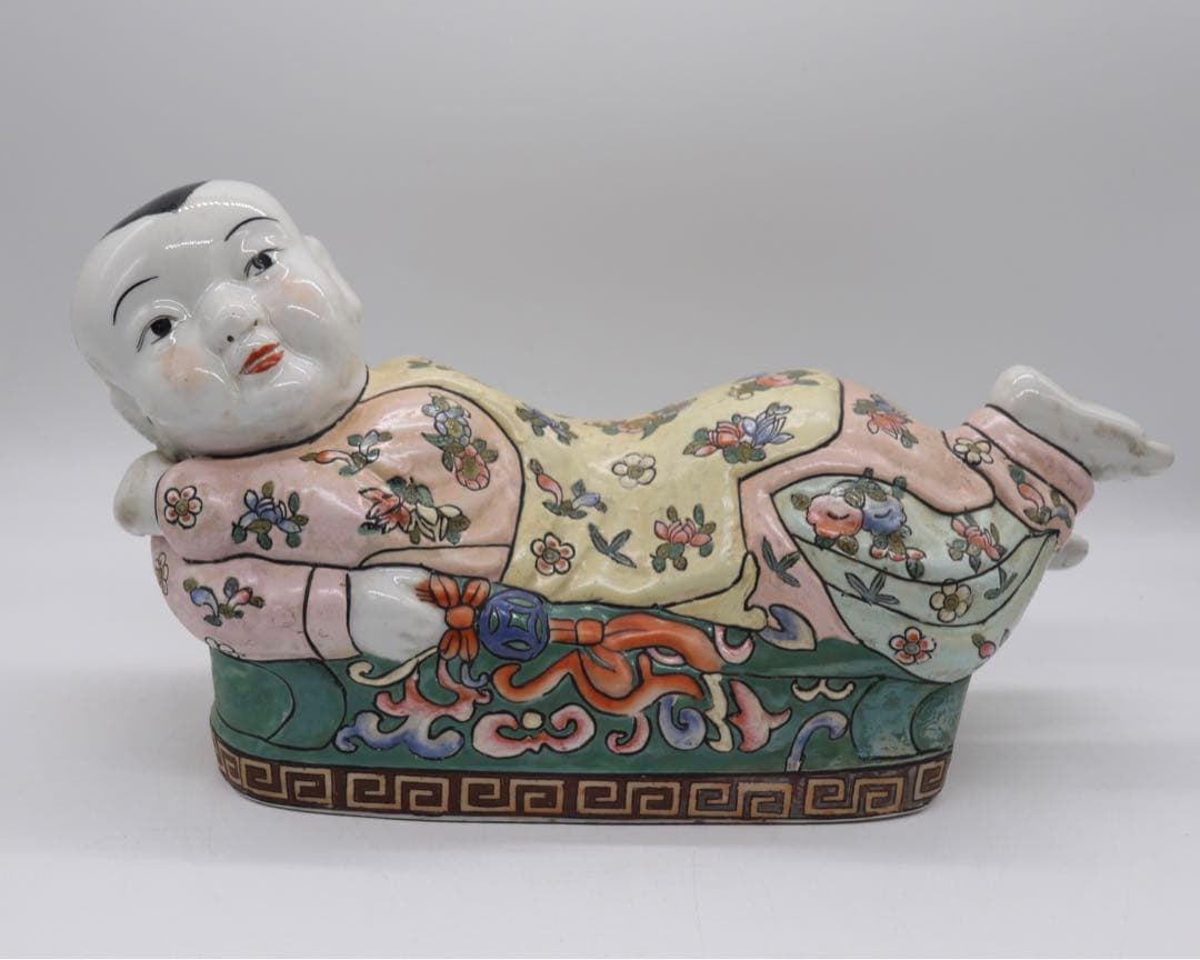 中国　粉彩赤ちゃん型枕　大清同治年製銘　送料込み0426