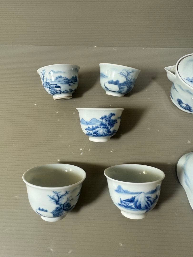 2616中国骨董　大明年製銘　染付山水茶器セット　宝瓶1客　湯冷し1客　湯呑5客