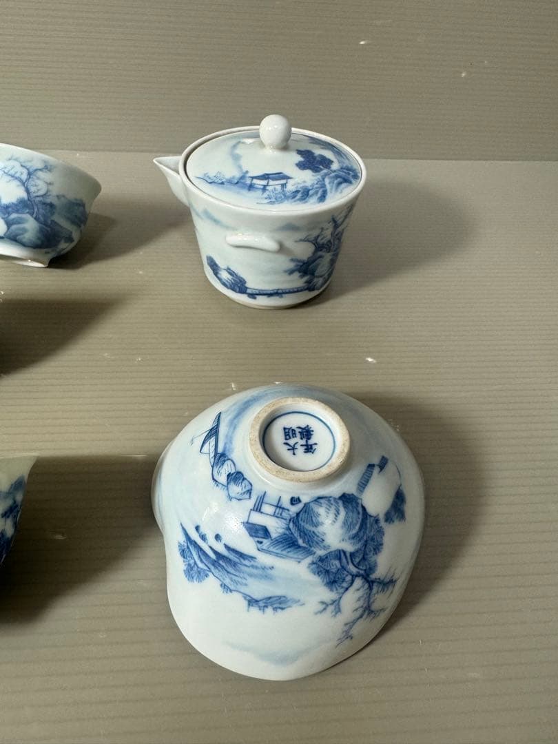 2616中国骨董　大明年製銘　染付山水茶器セット　宝瓶1客　湯冷し1客　湯呑5客