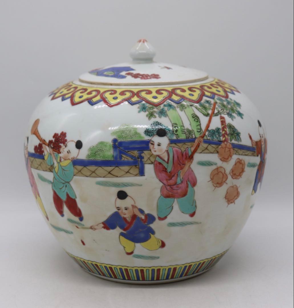 中国　粉彩　唐子　大壺　送料込み250423