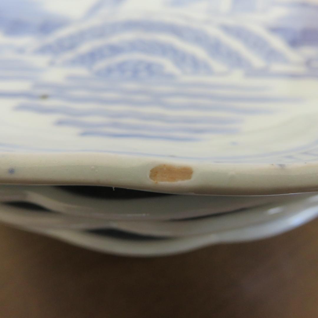 皿 5枚 中皿 染付 線描 染付 銘あり 山水 柳 家屋 古伊万里 江戸