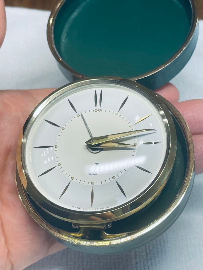フランス'50 JAZ 本革製 真鍮 目覚時計 220gズッシリ 正確稼働整備品