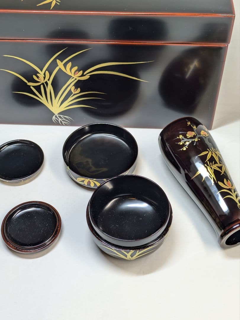 茶箱　梅笹文様　茶道具　平棗　茶せん筒　香合　骨董　光琳蒔絵　輪島塗