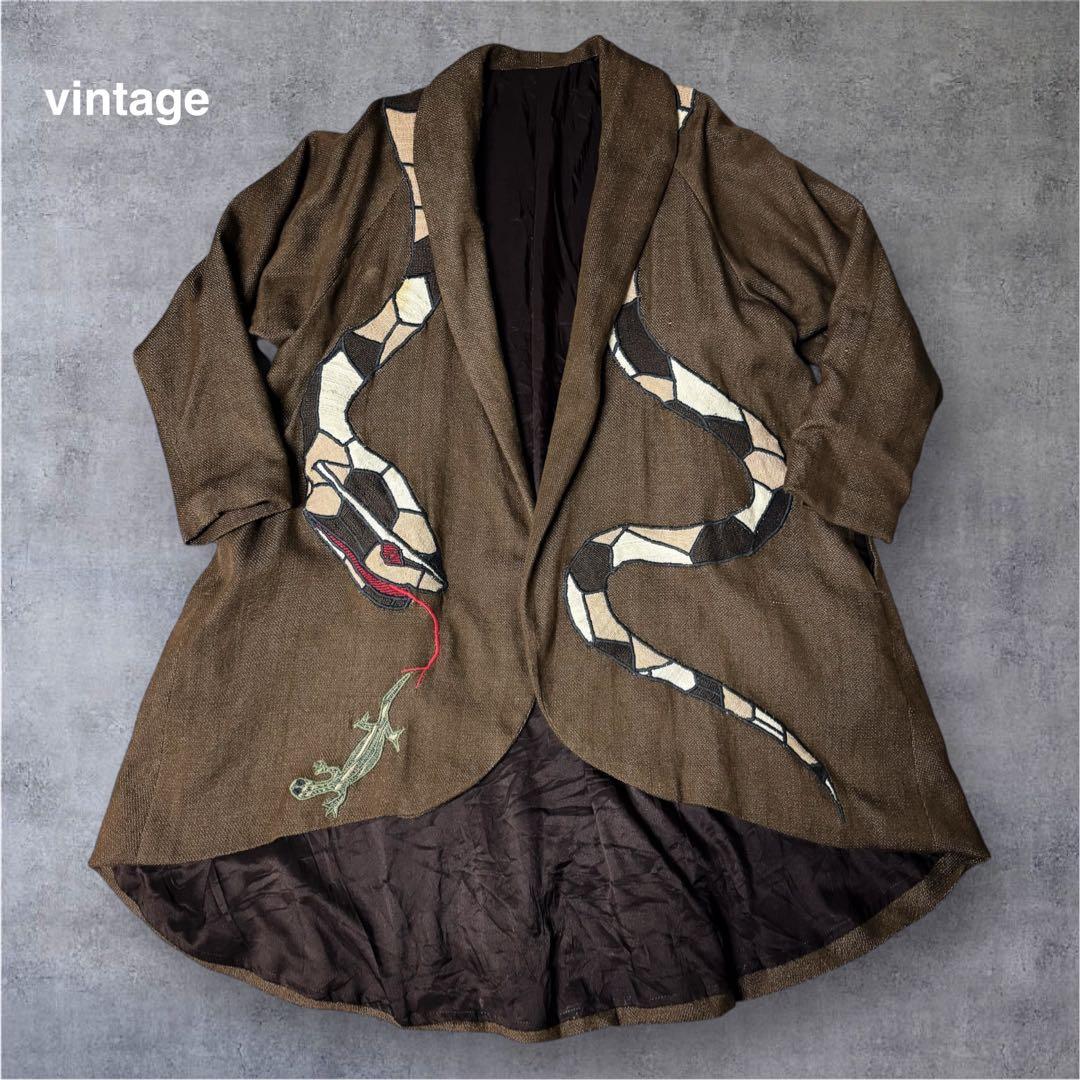 60s 70s アメリカ古着 ガウンコート ロングジャケット 刺繍 トカゲ 蛇