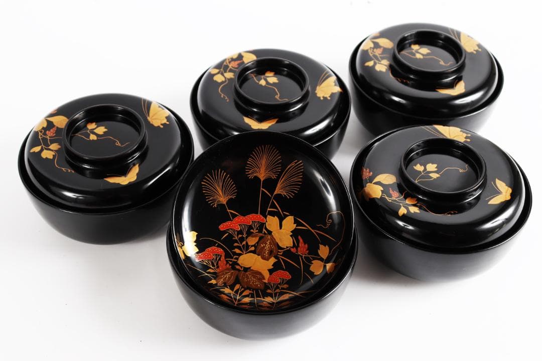 木製漆器 花蝶蒔絵 吸物椀 五客 漆芸③