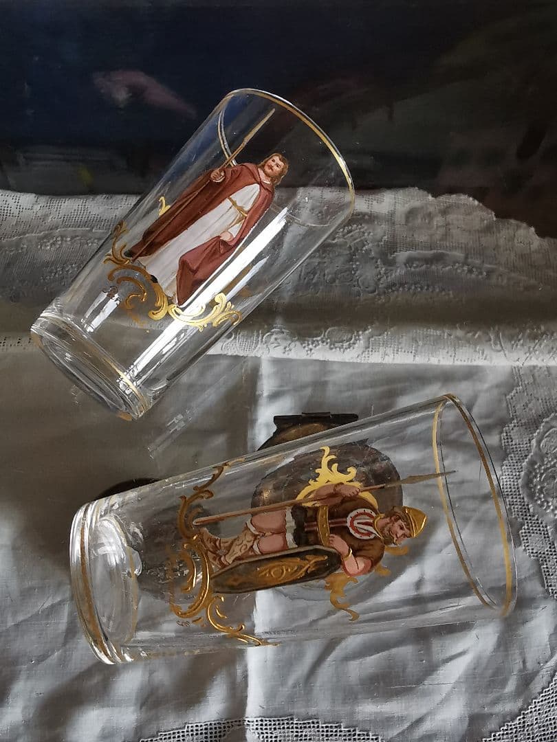 アンティーク19世紀ロブマイヤー 手描エナメル金彩 オペラ歌劇ペアショットグラス