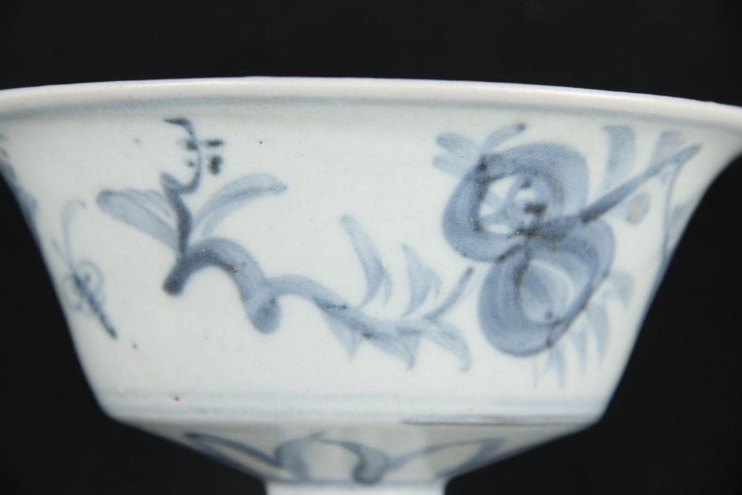 中国美術　清代　青花福字紋高足碗　供器　仏教祭器　花卉蝶文 陶磁 ESM12-7