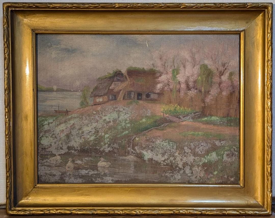 【真作】絵画　油彩12号　風景画　春の里山　桜咲く古民家の風景　U84