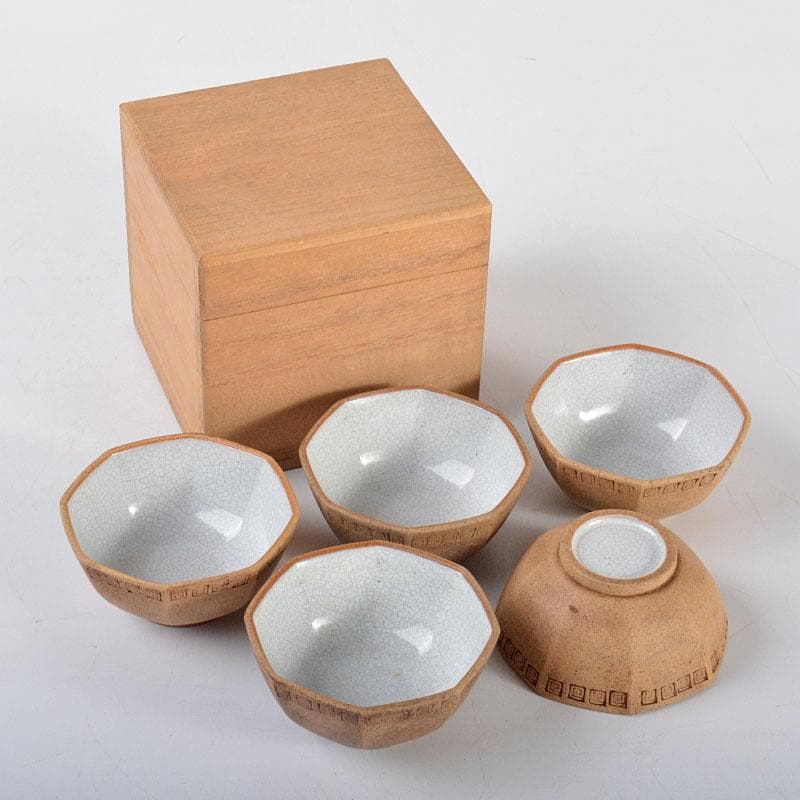 中国　紫砂　黄泥　雷文　六角煎茶碗　五客　時代箱付　M　R4457E