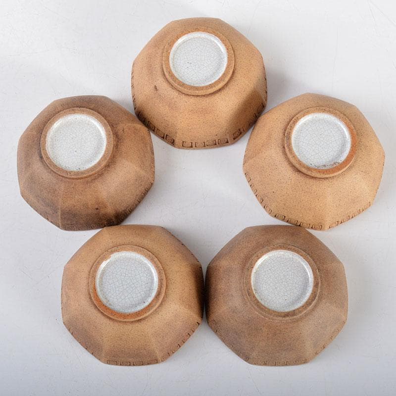 中国　紫砂　黄泥　雷文　六角煎茶碗　五客　時代箱付　M　R4457E