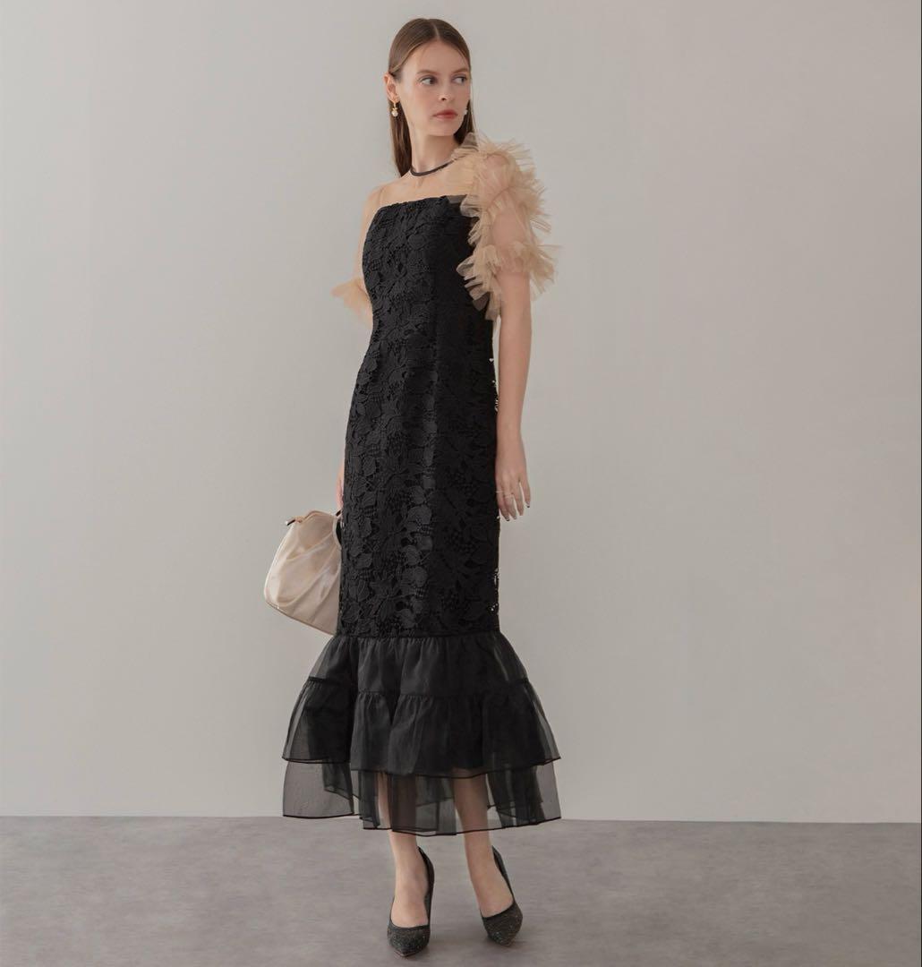 アシンメトリーチュールスリーブレースフリルヘムIラインワンピースドレス