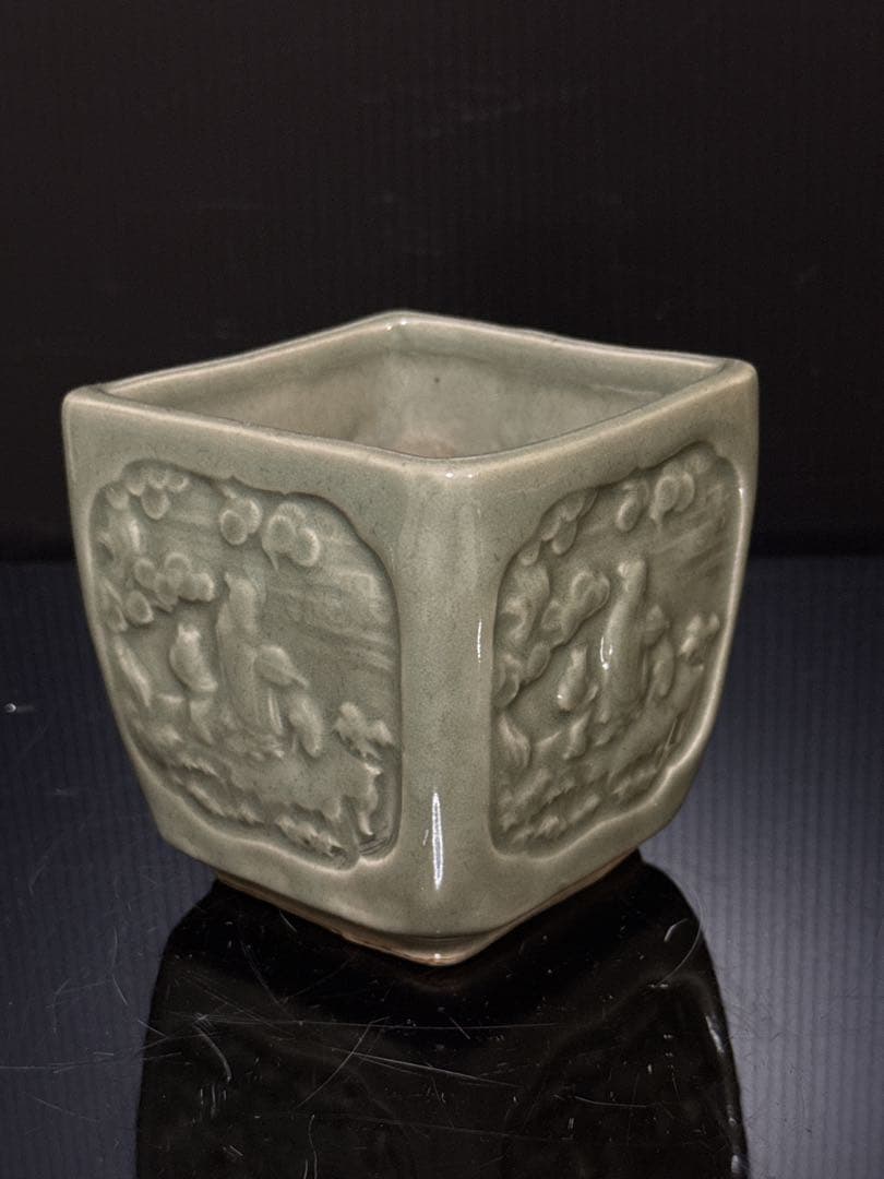 江戸期 三田焼 青磁 窓絵人物図 火入 灰器 茶道具