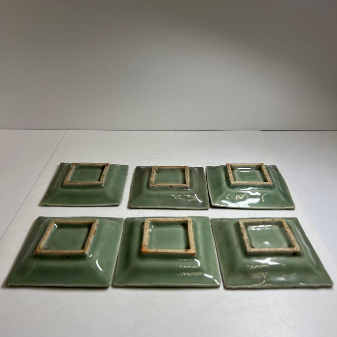 江戸後期　三田青磁鹿文角皿12枚　木箱付　東Y8-0122☆2Fトヒル