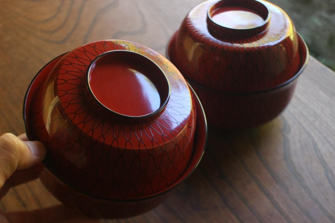 極小傷有！極上朱漆に風情ある網目文の映える大椀2点（検輪島塗懐石道具茶道具懐石椀