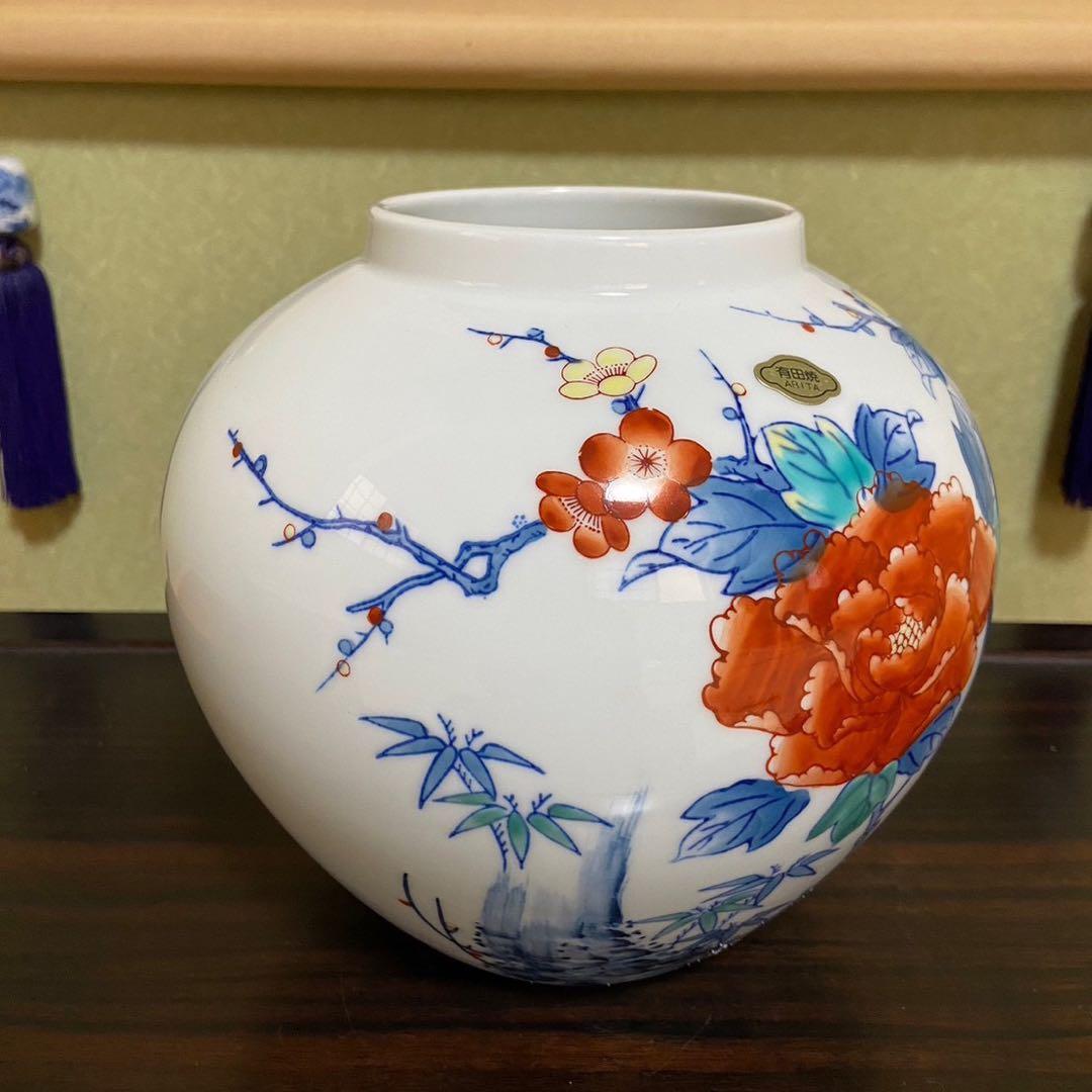 【有田焼 鍋島焼 梅牡丹 和泉作】アンティーク 新品 花器 壺 床の間