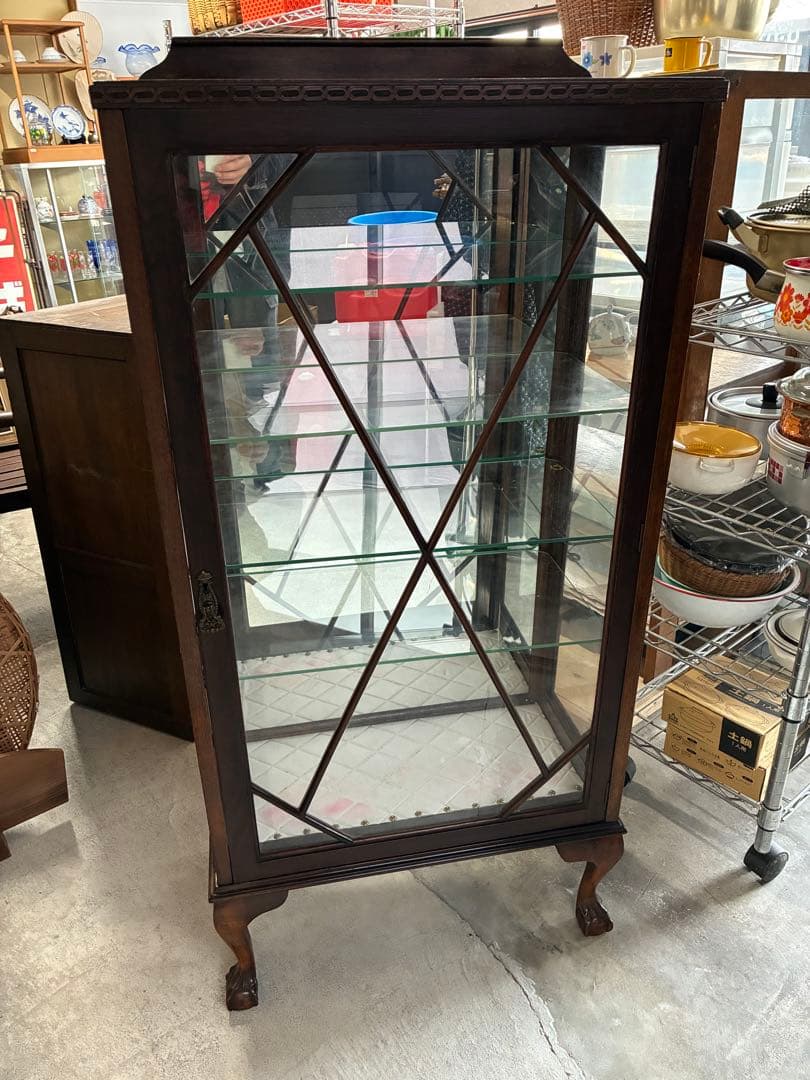 ビンテージ ガラスキャビネット ダークブラウン　猫脚