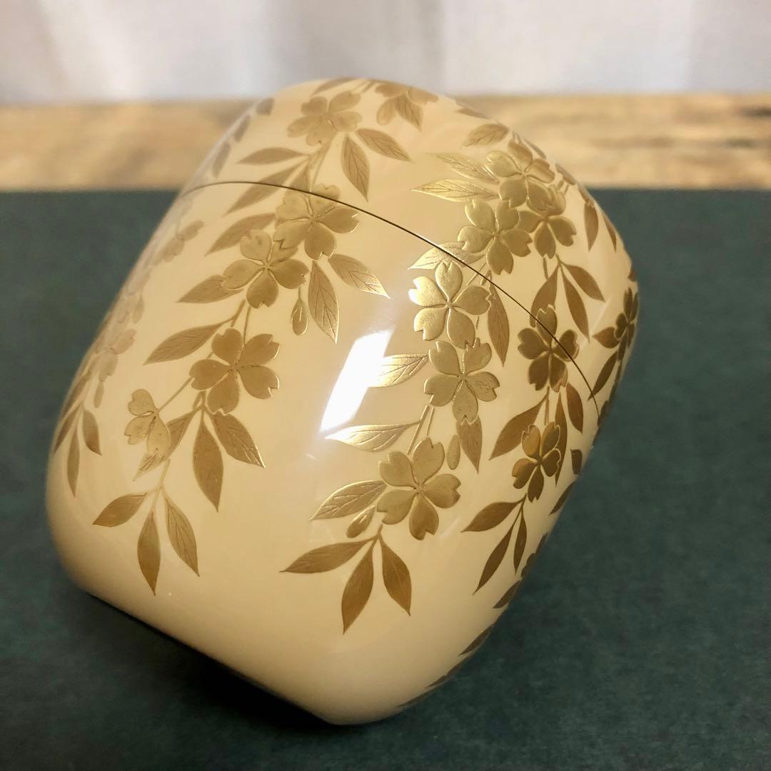 若島孝雄 白塗枝垂桜蒔絵大棗 共箱 茶道具 銀地