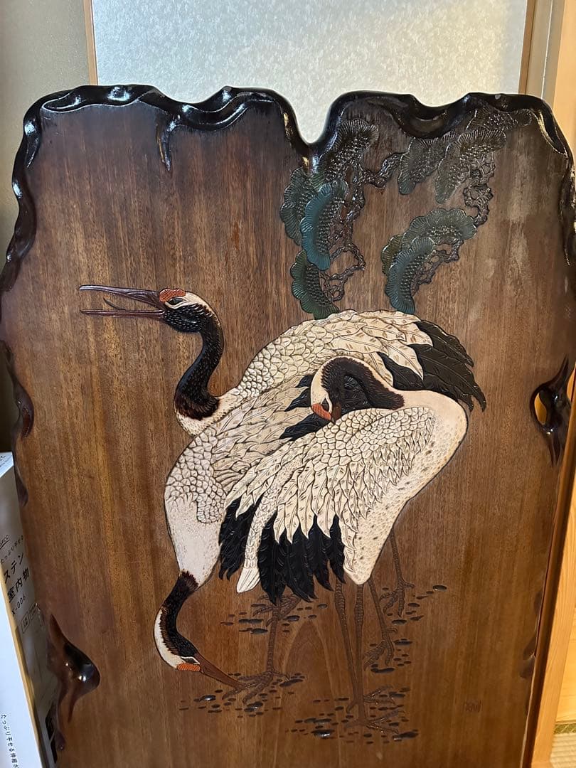 木製鶴彫刻屏風