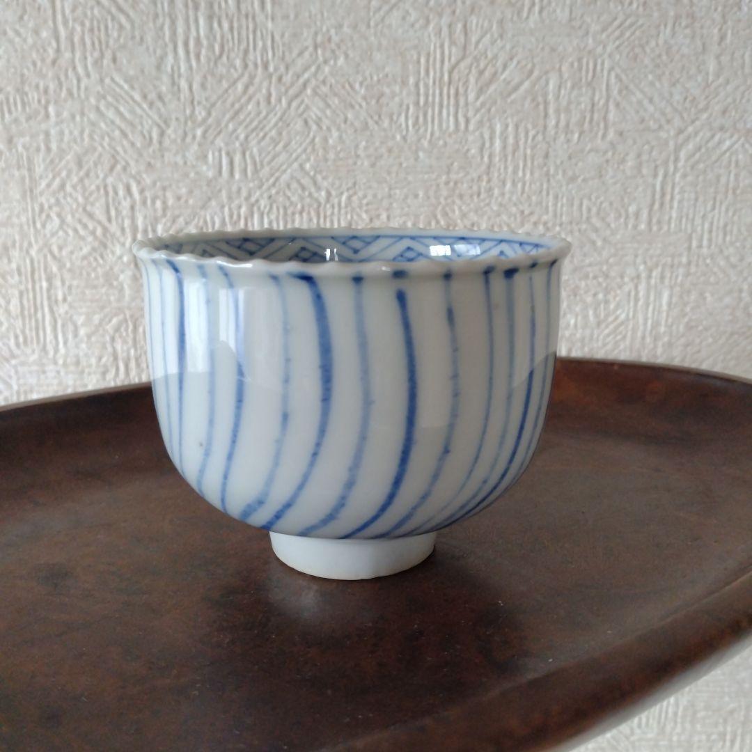 古伊万里染付瀬戸輪花流線ころ茶碗