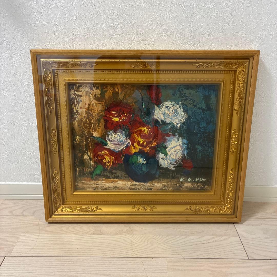 花瓶に入ったバラの油彩画