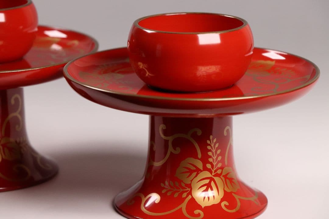 MA454 時代 桐唐草金蒔絵 朱塗 高茶台一対 天目台 赤絵 茶器 茶碗 木製