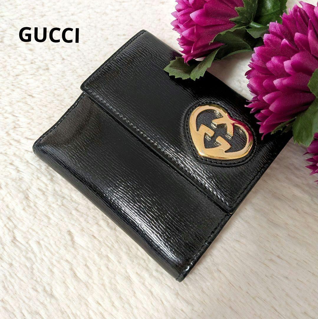 美品✨️グッチ 二つ折り財布 ラブリーハート レザー ブラック ピンク Wホック