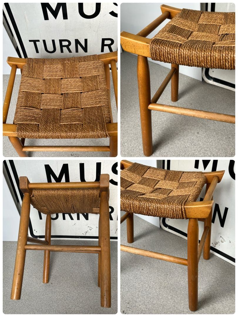 ヴィンテージ　木製スツール　木×ラッシ　編み　椅子　アンティーク　2脚　フット