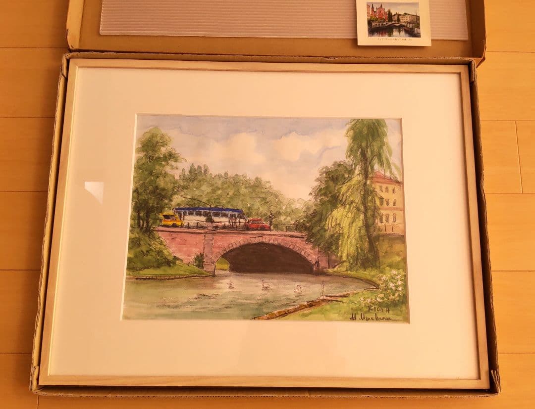 肉筆 梅原宏夫 リーガの森と電車 水彩画 風景画