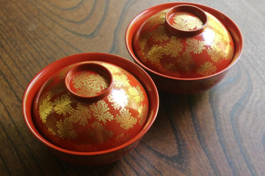 時代逸品！上質朱漆に極上信夫蒔絵の映えるお椀2点（検輪島塗懐石椀蒔絵椀