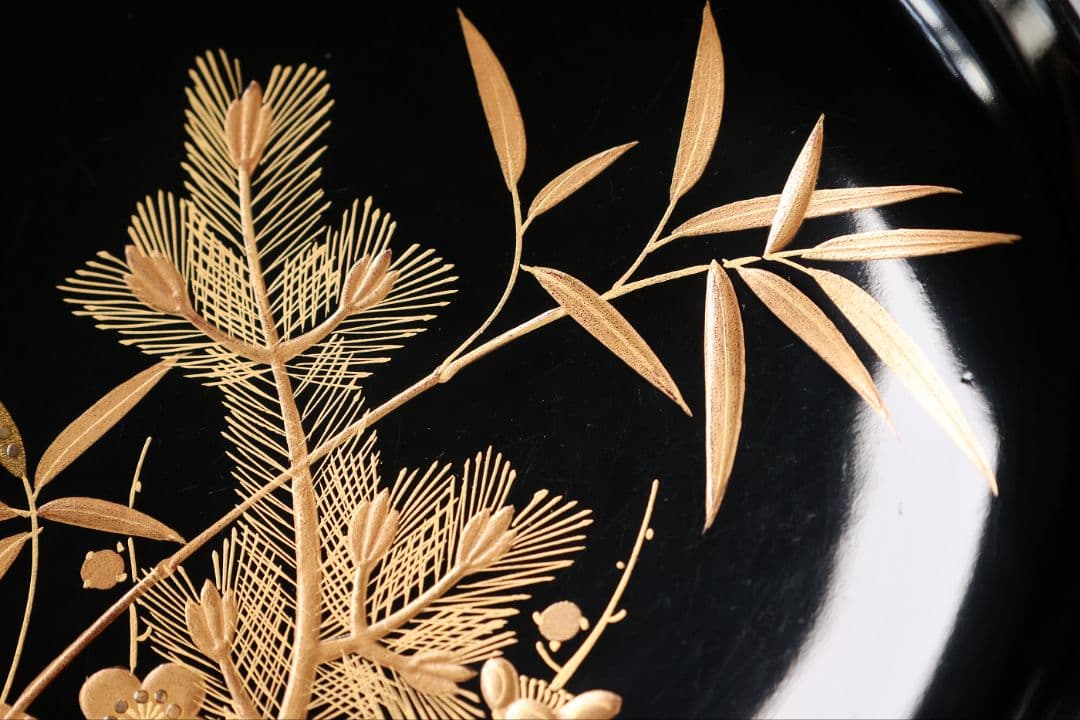 【CM414】輪島塗 松竹梅 金蒔絵 木瓜形 黒塗椀 三客 天然木漆塗 漆器